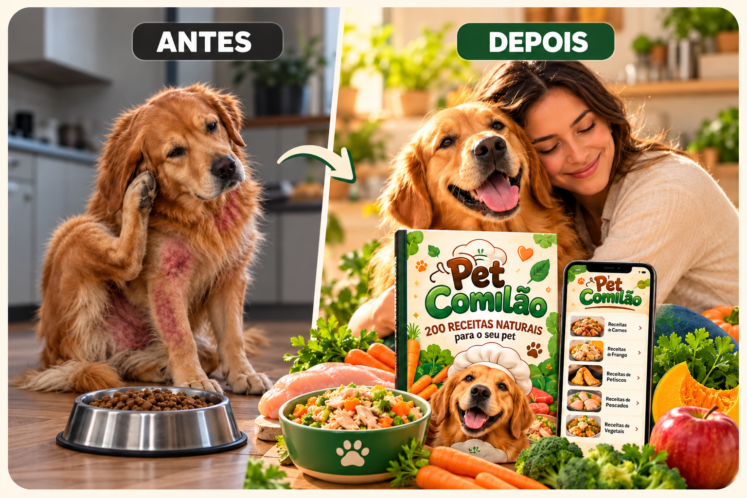 Antes: cachorro se coçando ao lado de um pote de ração. Depois: cachorro feliz com a tutora, uma tigela de comida caseira e o kit Pet Comilão com 200 receitas