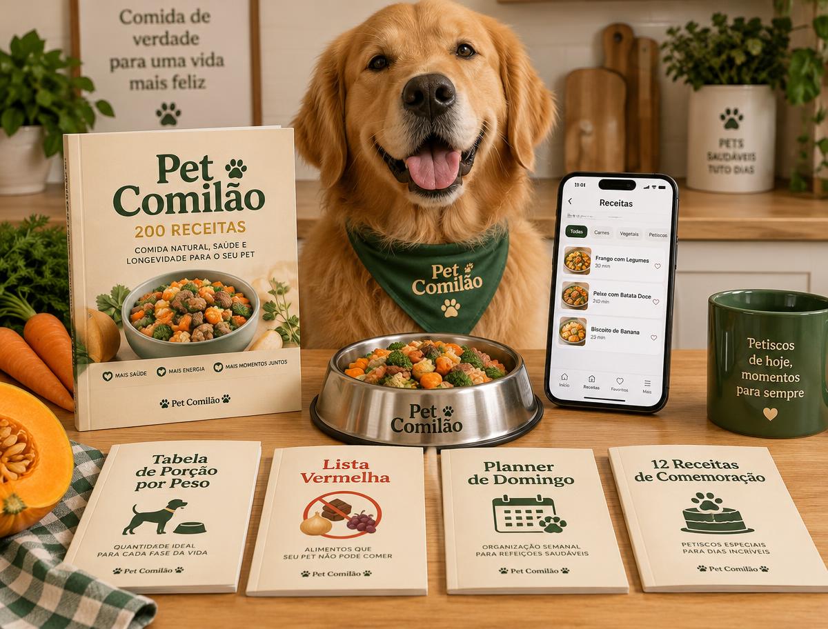 Kit Pet Comilão: livro de 200 receitas, 4 bônus e aplicativo ao lado de um golden retriever